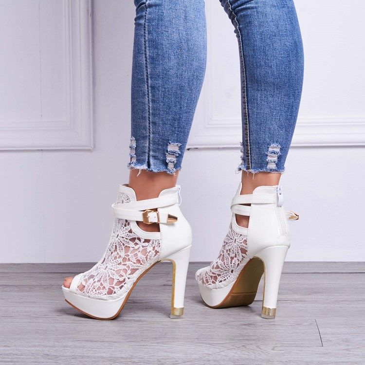 Kvinner Lace Detail Peep Toe White Heeled Platform Sandals