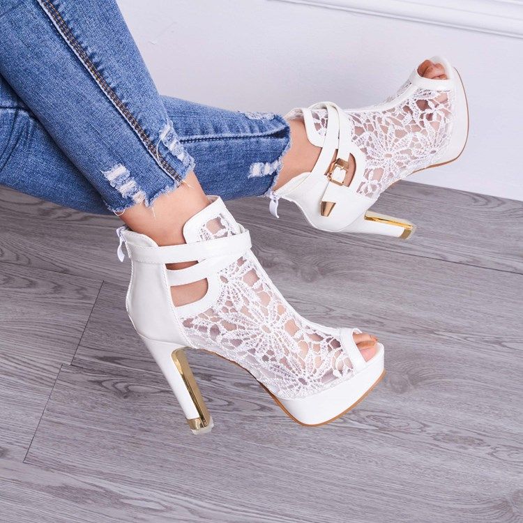 Kvinner Lace Detail Peep Toe White Heeled Platform Sandals