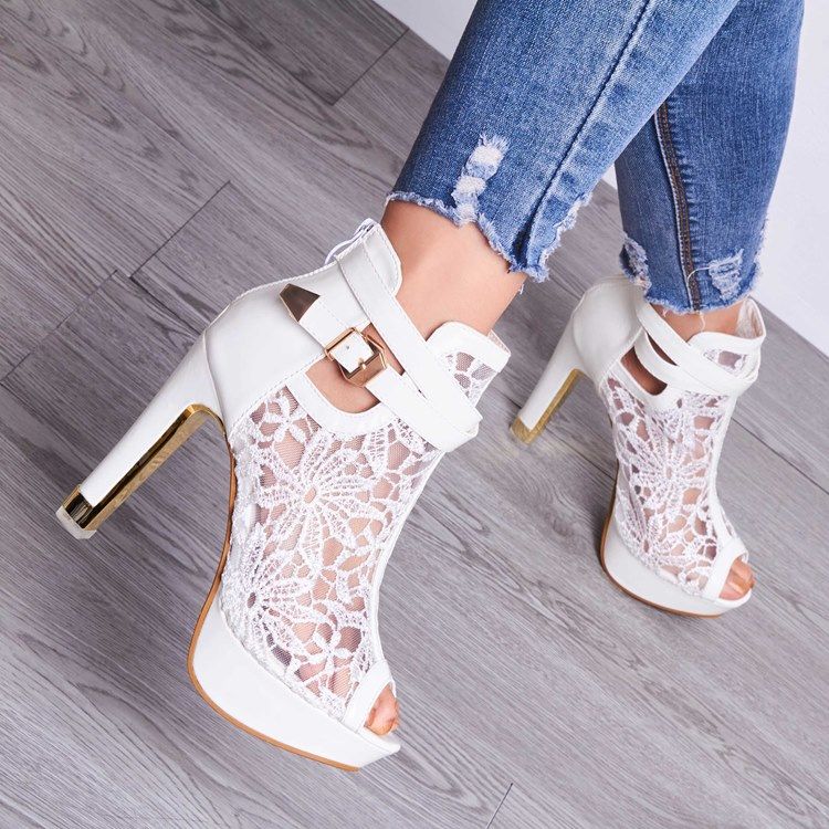 Kvinner Lace Detail Peep Toe White Heeled Platform Sandals