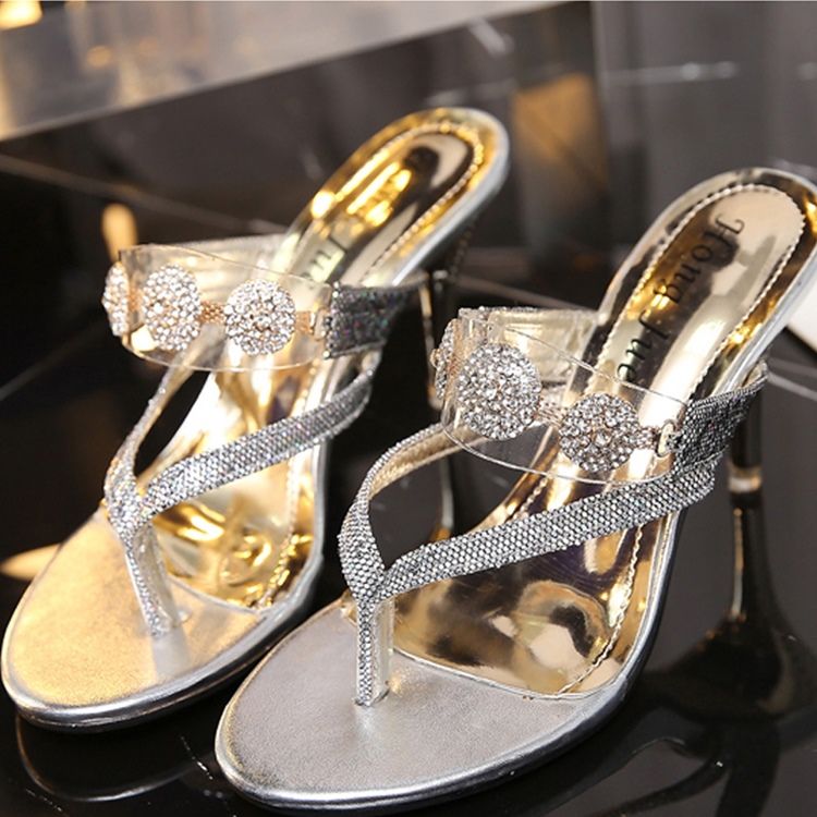 Kvinner Rhinestone Paljetter Tanga Slip-on Stiletto Heel Mules Shoes