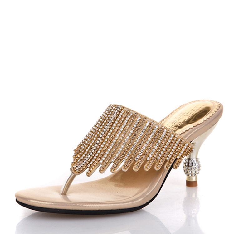 Kvinner Rhinestone Thong Slip-on Spool Heel Mules Sko