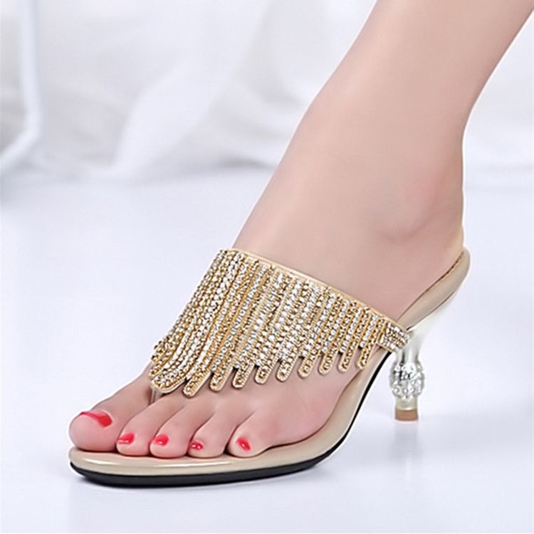 Kvinner Rhinestone Thong Slip-on Spool Heel Mules Sko