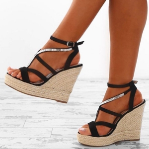 Kvinner Rhinestone Vevd Plattform Strappy Wedge Heel Espadrille Sandaler