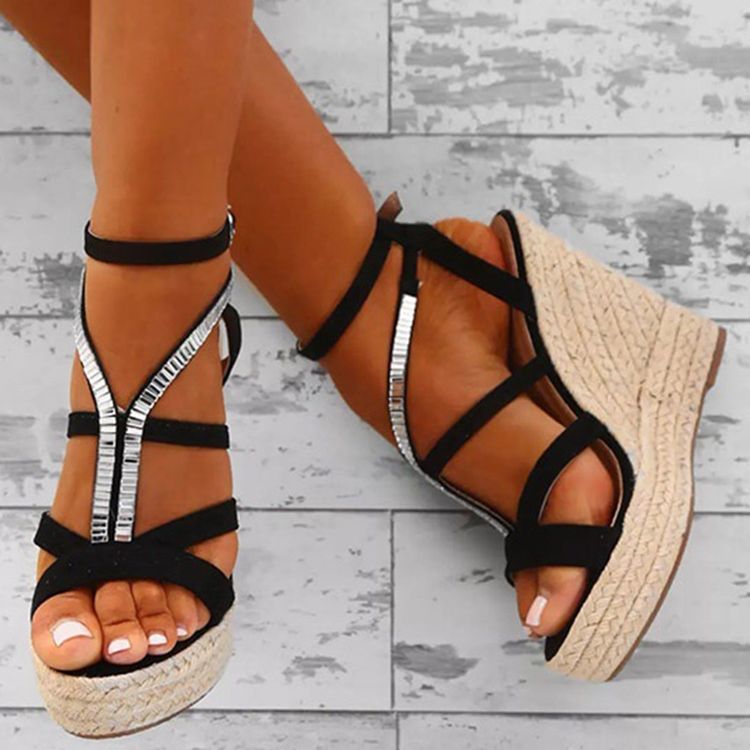 Kvinner Rhinestone Vevd Plattform Strappy Wedge Heel Espadrille Sandaler