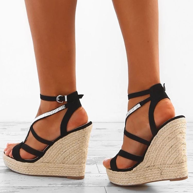 Kvinner Rhinestone Vevd Plattform Strappy Wedge Heel Espadrille Sandaler