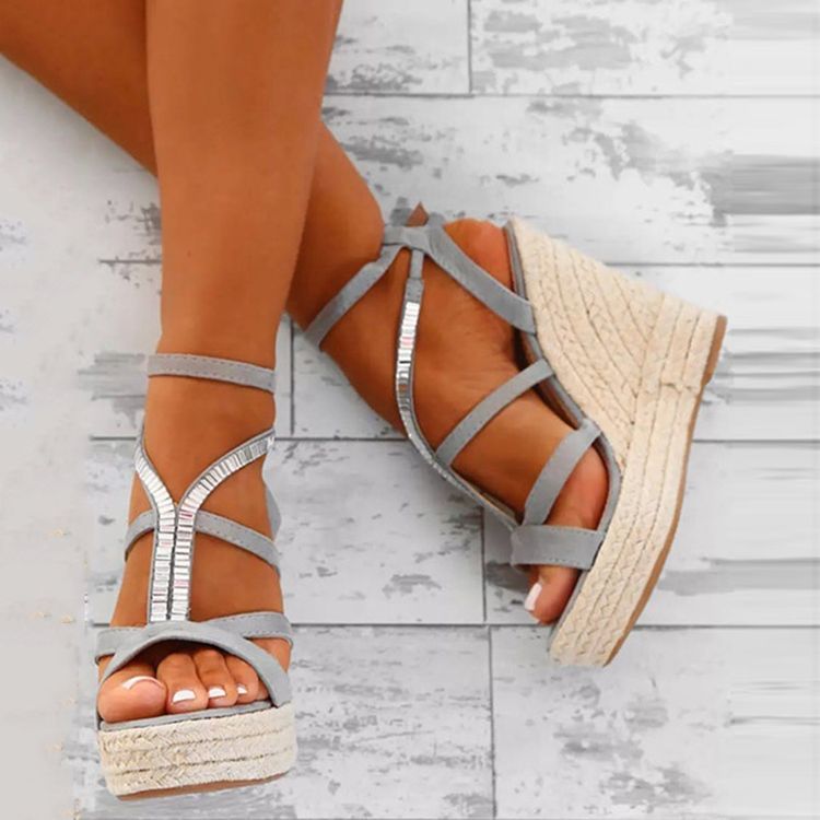 Kvinner Rhinestone Vevd Plattform Strappy Wedge Heel Espadrille Sandaler