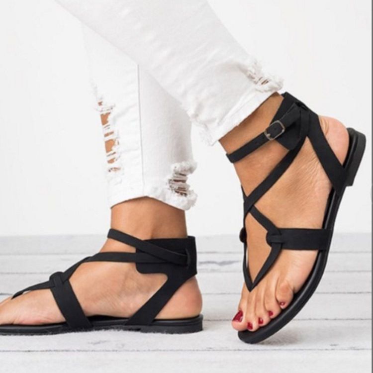 Kvinner Strappy Plain Buckle Thong Flat Sandals