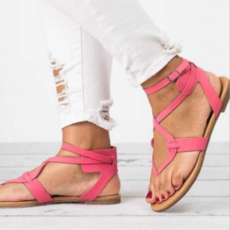 Kvinner Strappy Plain Buckle Thong Flat Sandals