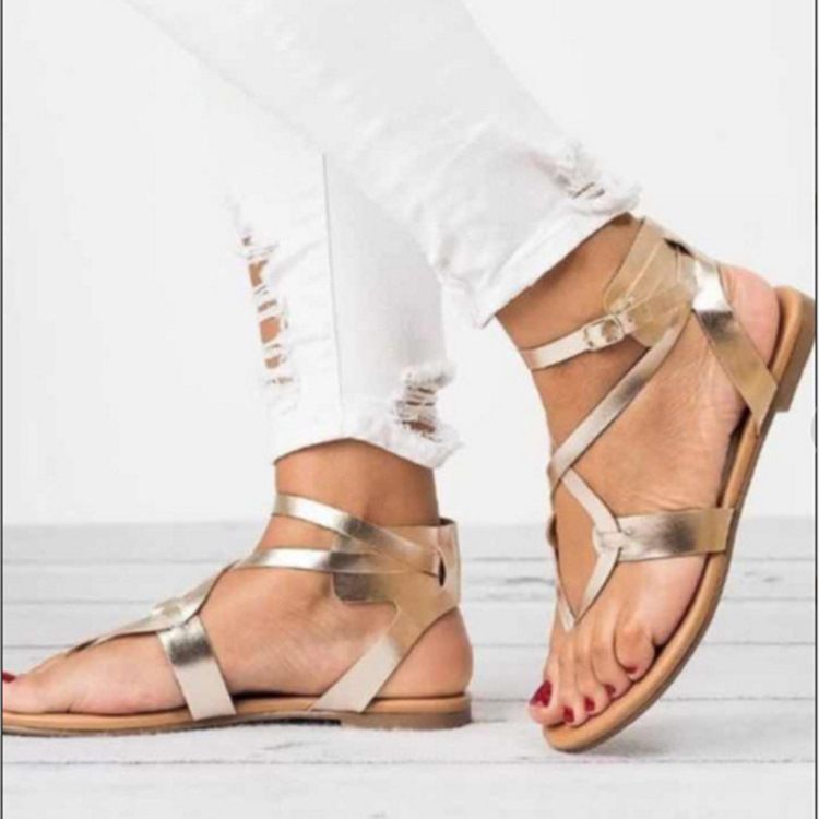 Kvinner Strappy Plain Buckle Thong Flat Sandals