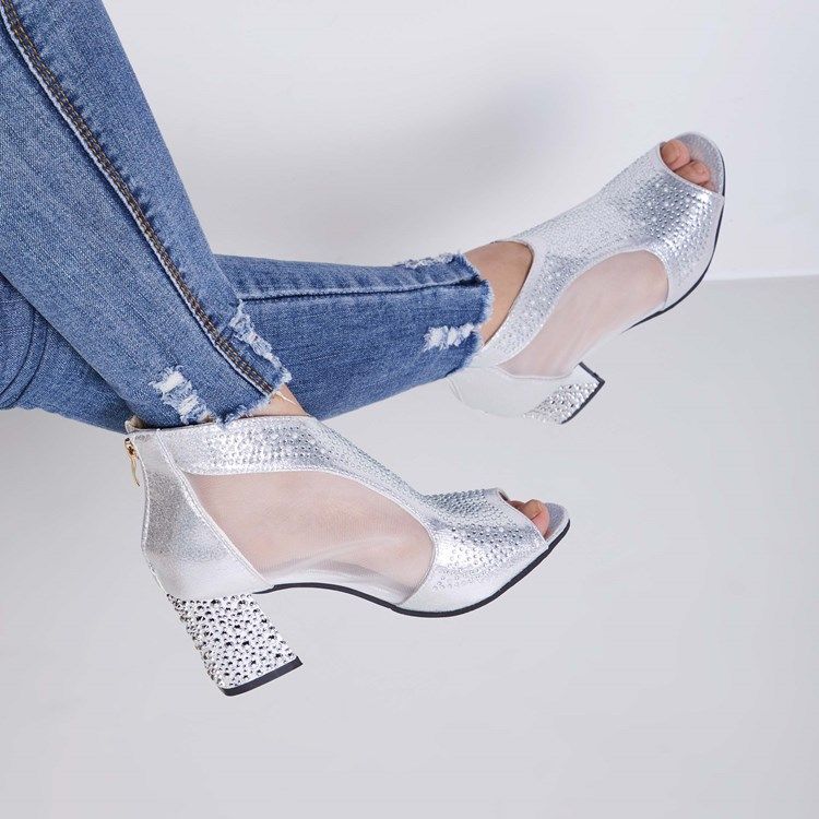 Kvinners Clear Rhinestone Patchwork Plain Chunky Heel Shoes