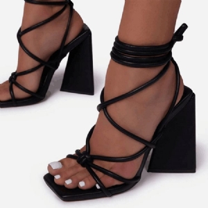 Lace-up Chunky Heel Square Toe Cross Strap Sandaler For Kvinner