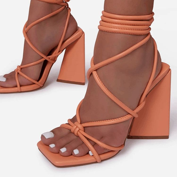 Lace-up Chunky Heel Square Toe Cross Strap Sandaler For Kvinner