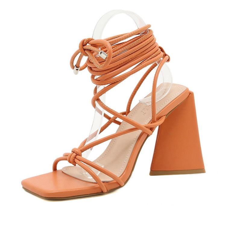 Lace-up Chunky Heel Square Toe Cross Strap Sandaler For Kvinner