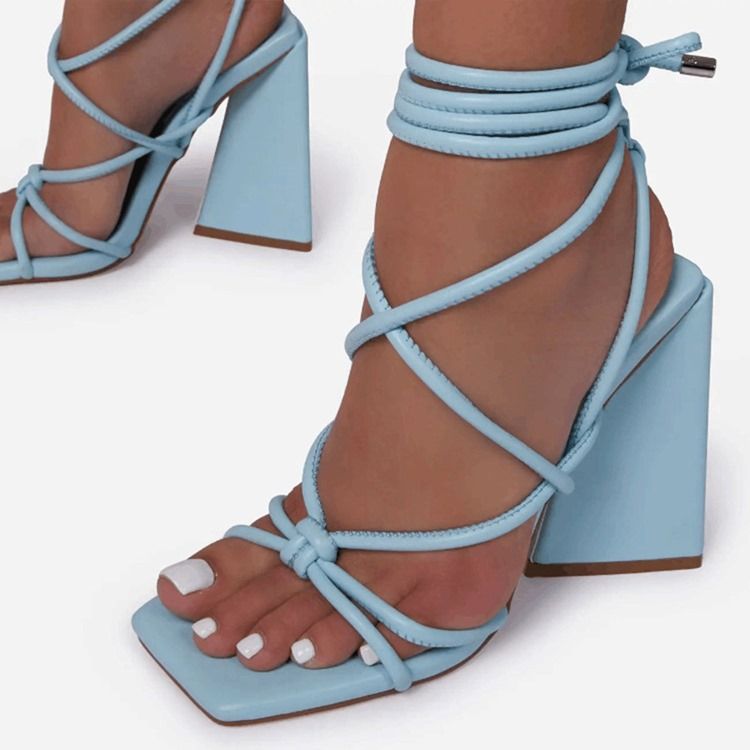 Lace-up Chunky Heel Square Toe Cross Strap Sandaler For Kvinner