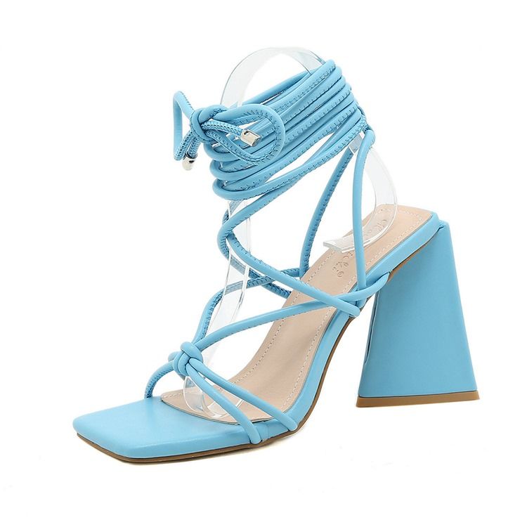 Lace-up Chunky Heel Square Toe Cross Strap Sandaler For Kvinner