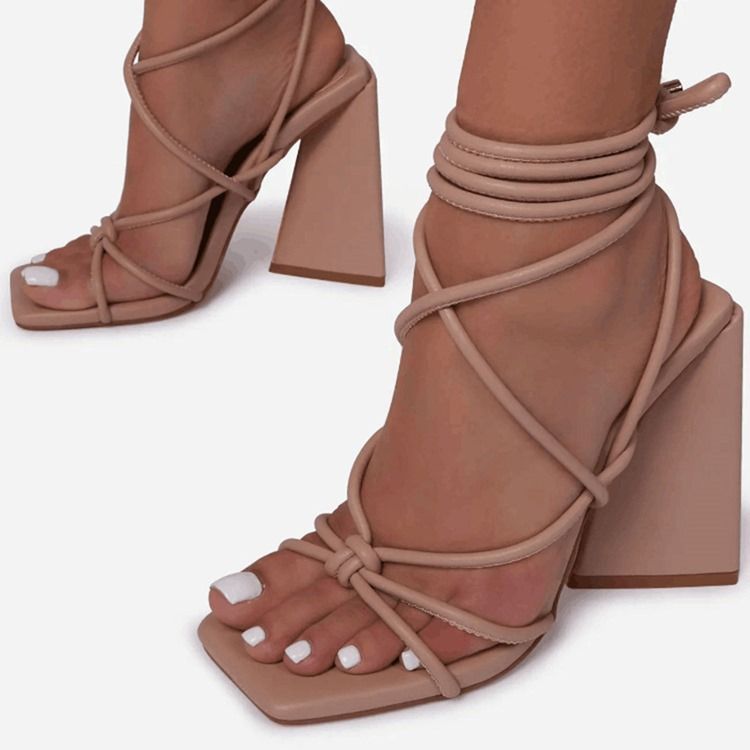 Lace-up Chunky Heel Square Toe Cross Strap Sandaler For Kvinner