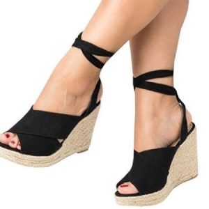 Peep Toe Lace-up Wedge Heel Dame Sandaler