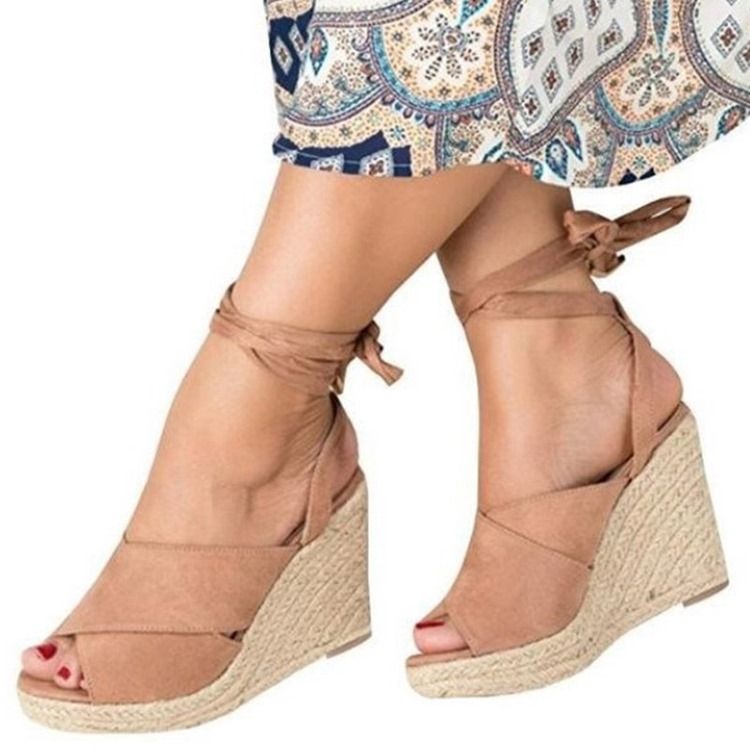 Peep Toe Lace-up Wedge Heel Dame Sandaler