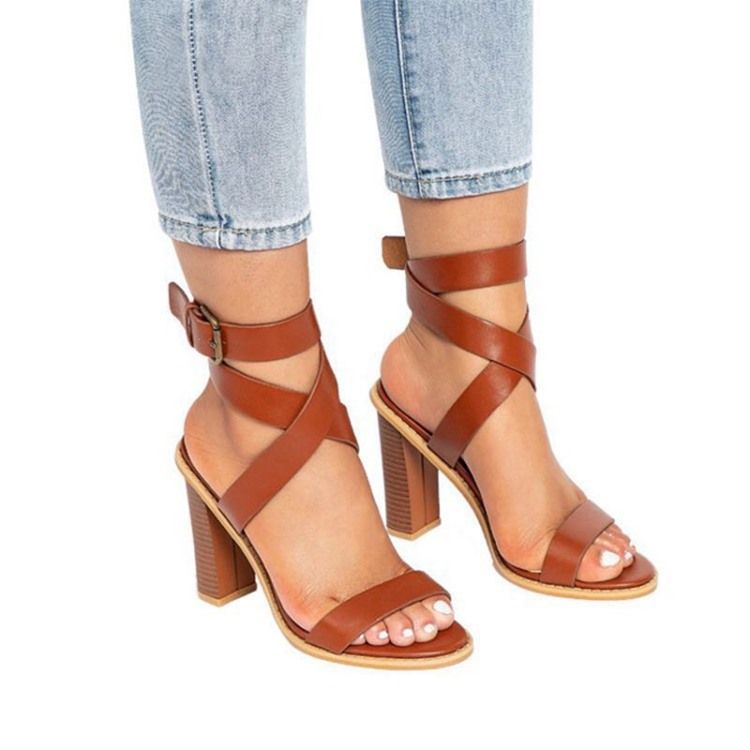 Plain Buckle Strappy Chunky Heel Dame Sandaler