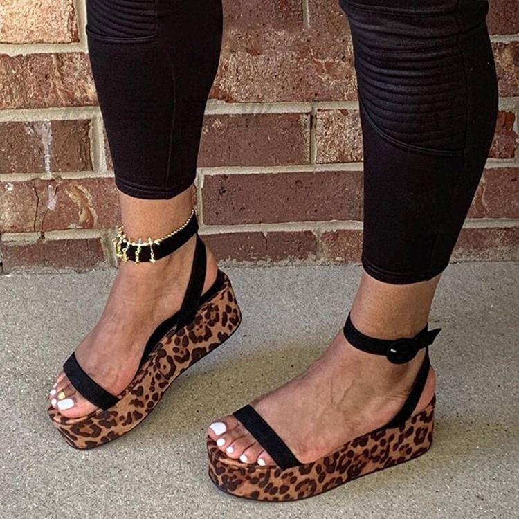 Platform Buckle Round Toe Leopard Sandaler Til Damer