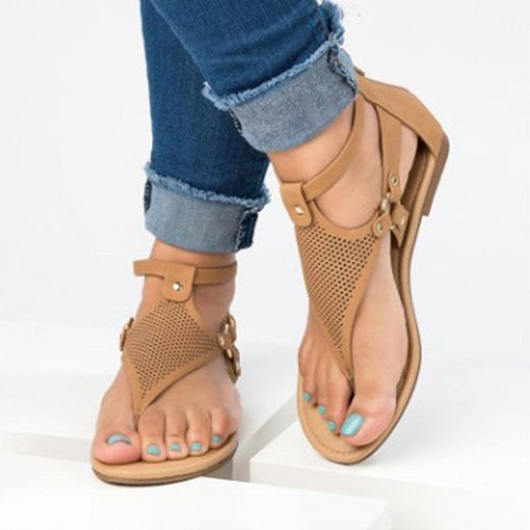 Pu Heel Covering Buckle Block Heel Dame Flat Sandals