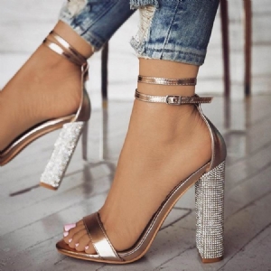 Rhinestone Line-style Buckle Chunky Heel Dame Sandaler