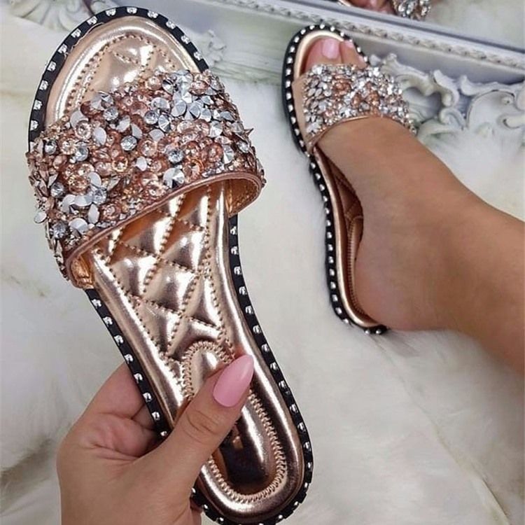 Rhinestone Pu Slip-on Tøfler For Kvinner