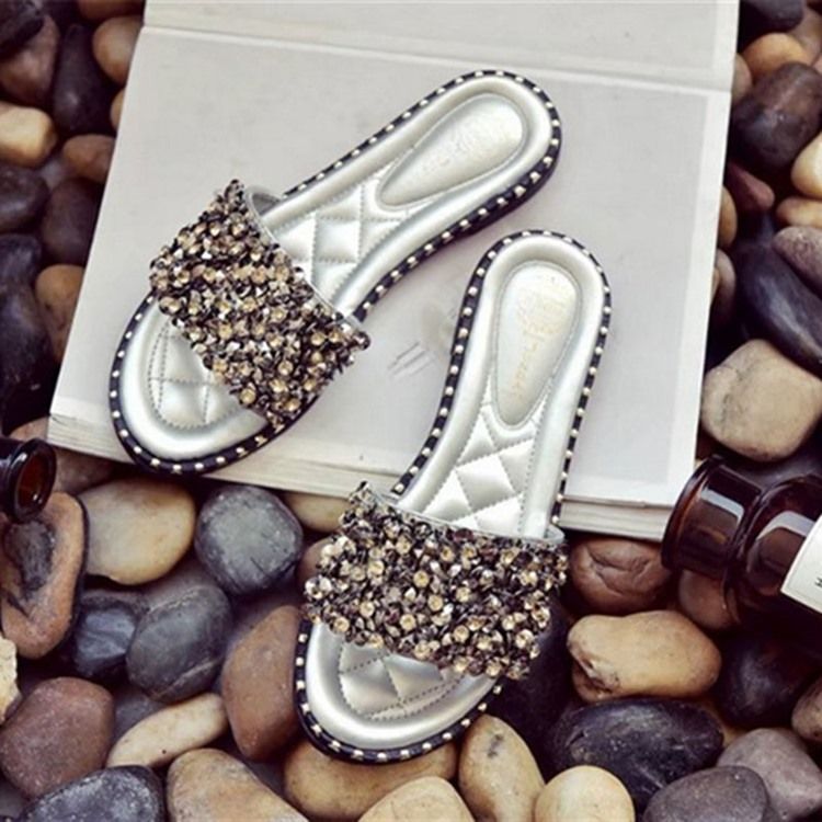 Rhinestone Pu Slip-on Tøfler For Kvinner