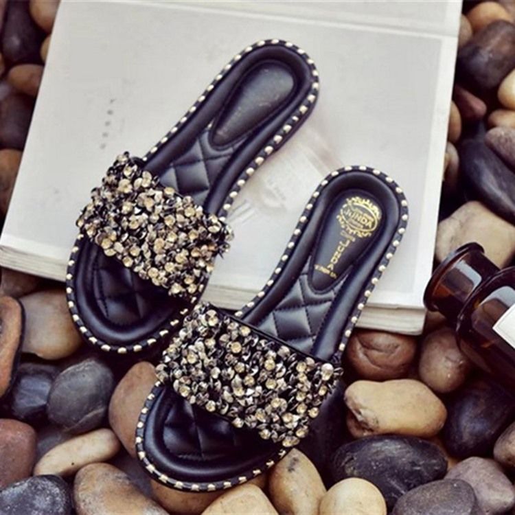 Rhinestone Pu Slip-on Tøfler For Kvinner