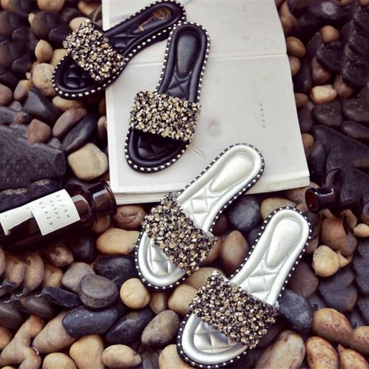 Rhinestone Pu Slip-on Tøfler For Kvinner