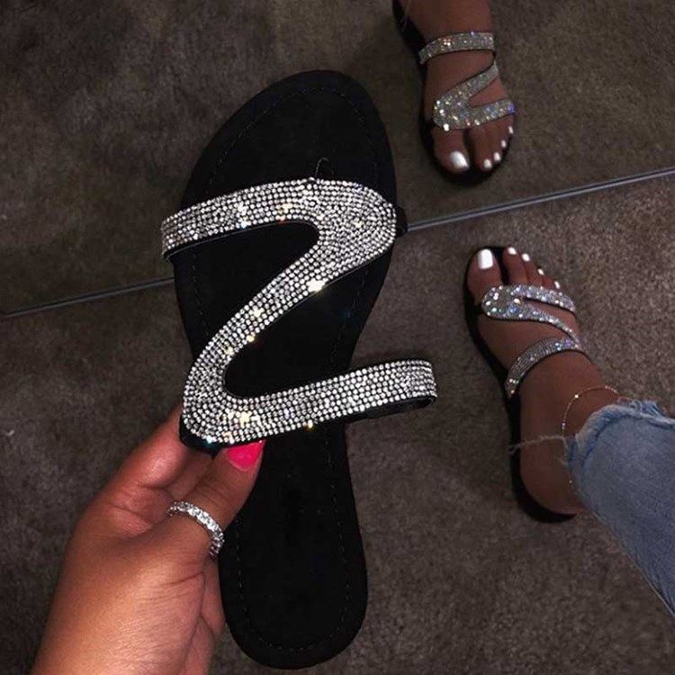 Rhinestone Slip-on Block Heel Flat Sandals For Kvinner