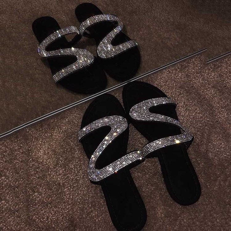 Rhinestone Slip-on Block Heel Flat Sandals For Kvinner