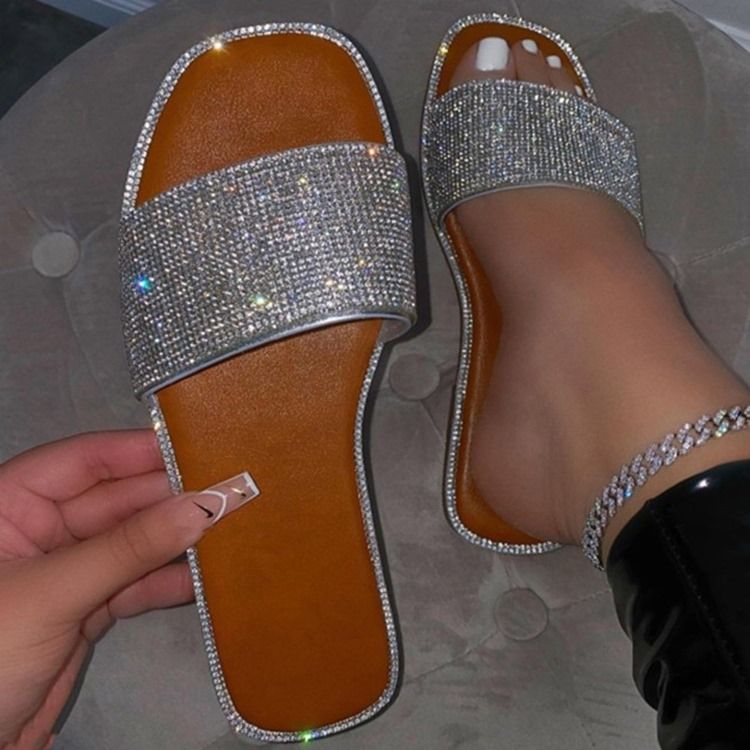 Rhinestone Slip-on Flat Med Tøfler For Kvinner