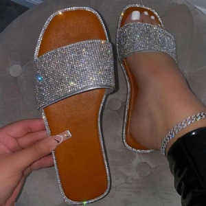 Rhinestone Slip-on Flat Med Tøfler For Kvinner