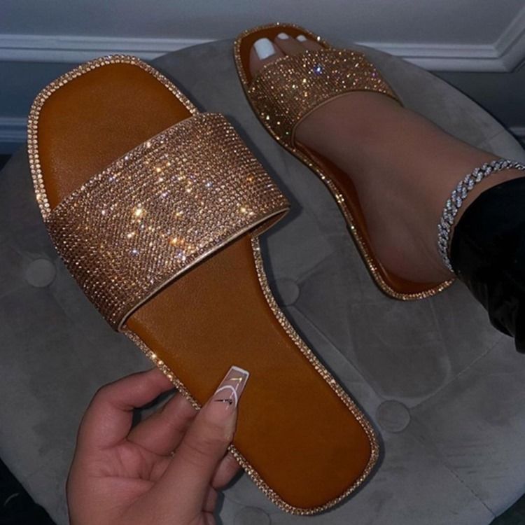 Rhinestone Slip-on Flat Med Tøfler For Kvinner