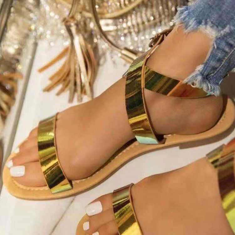 Round Toe Buckle Flat With Western Dame Pu Sandals