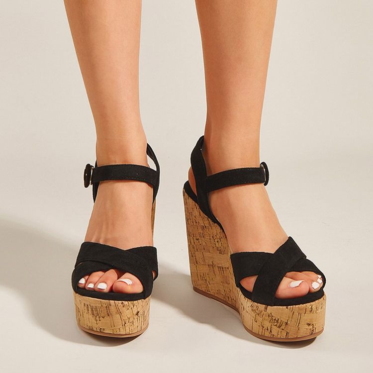 Round Toe Wedge Heel Buckle Low-cut Upper Sandals For Kvinner