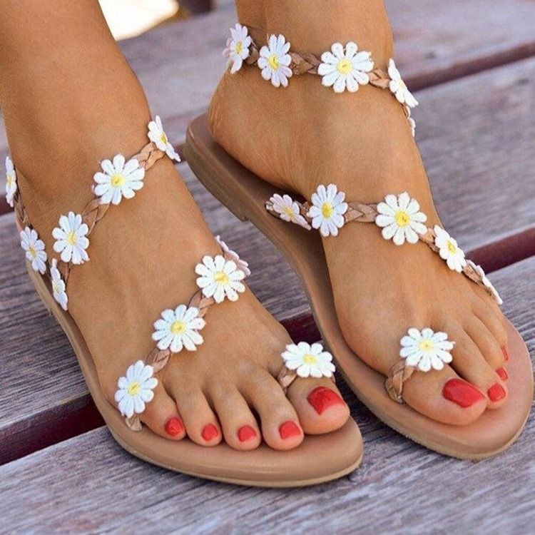 Slip-on Toe Ring Flat With Floral Dame Sandals