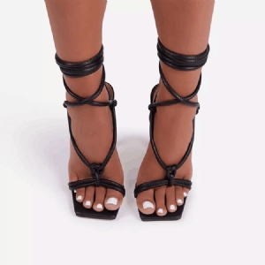 Square Toe Spool Heel Lace-up Cross Strap Dame Sandaler