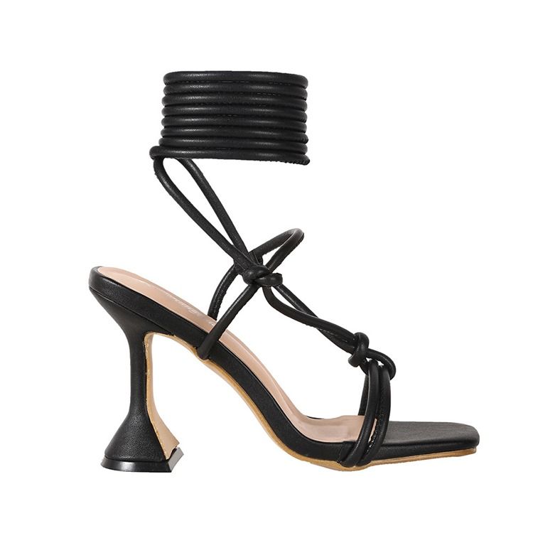 Square Toe Spool Heel Lace-up Cross Strap Dame Sandaler