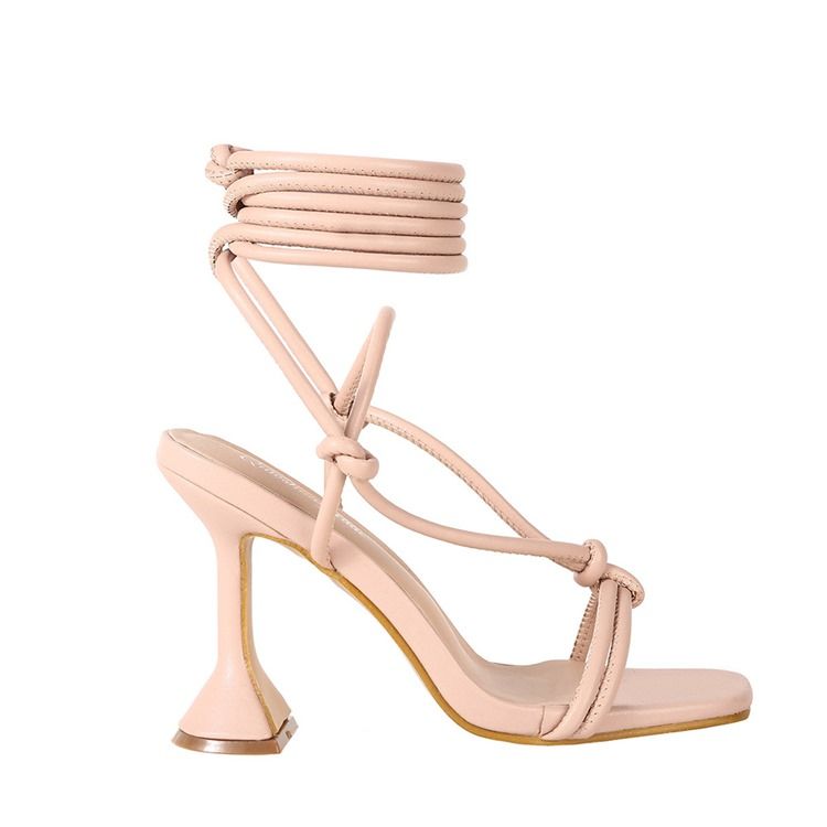 Square Toe Spool Heel Lace-up Cross Strap Dame Sandaler