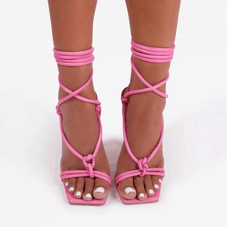 Square Toe Spool Heel Lace-up Cross Strap Dame Sandaler