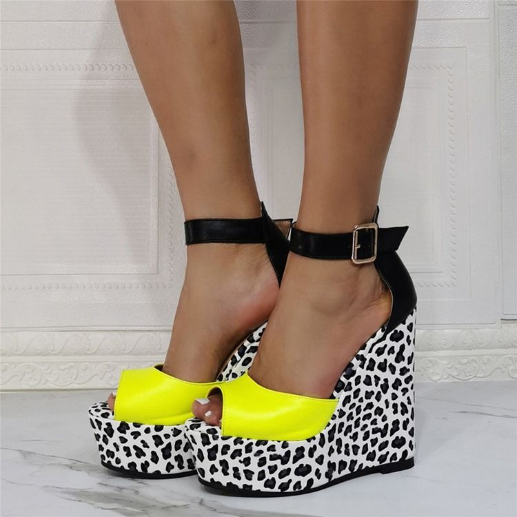 Wedge Heel Peep Toe Buckle Leopard Dame Thin Shoes