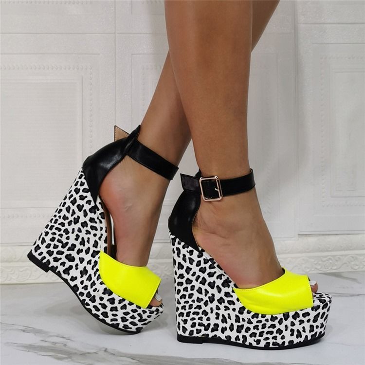 Wedge Heel Peep Toe Buckle Leopard Dame Thin Shoes