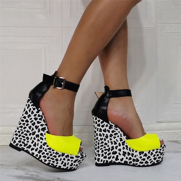 Wedge Heel Peep Toe Buckle Leopard Dame Thin Shoes