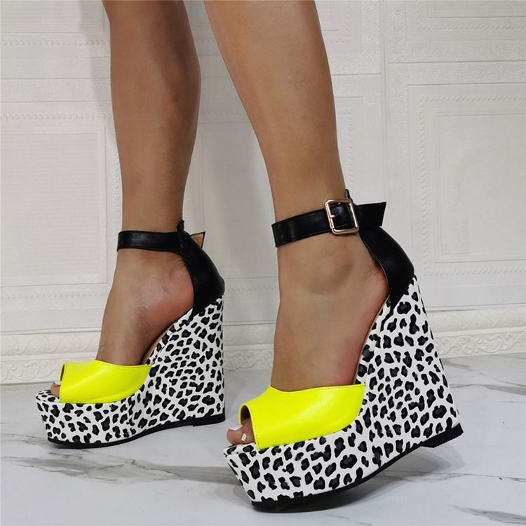 Wedge Heel Peep Toe Buckle Leopard Dame Thin Shoes