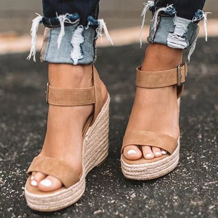 Wedge Heel Round Toe Buckle Patchwork Damesandaler