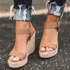 Wedge Heel Round Toe Buckle Patchwork Damesandaler