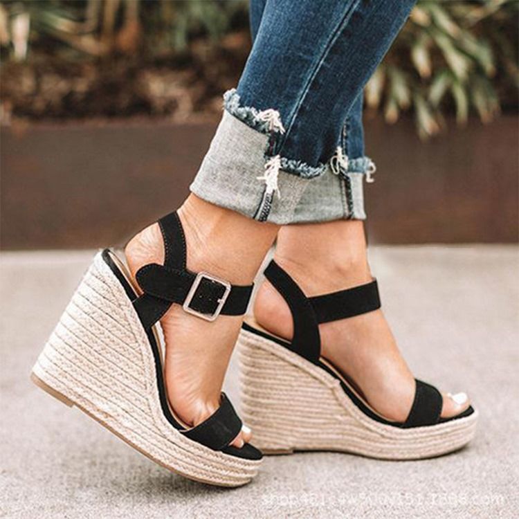 Wedge Heel Round Toe Buckle Patchwork Damesandaler