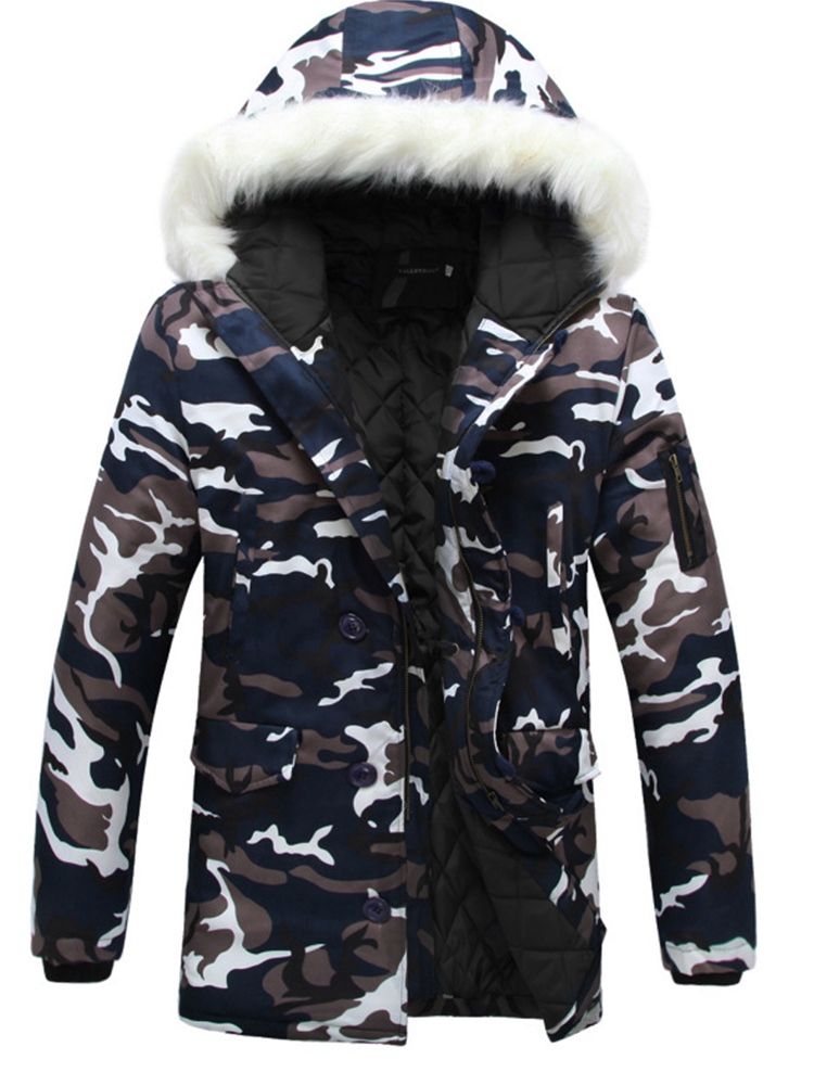 Camouflage Print Faux Fur Collar Thicken Zipper Winter Winter Coat